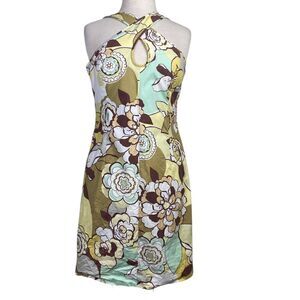 Muse Dress 10 floral summer yellow ,brown, Ivory above knee sleeveless